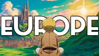 Paysage européen imaginaire avec château et village, inspiré des décors d’anime japonais