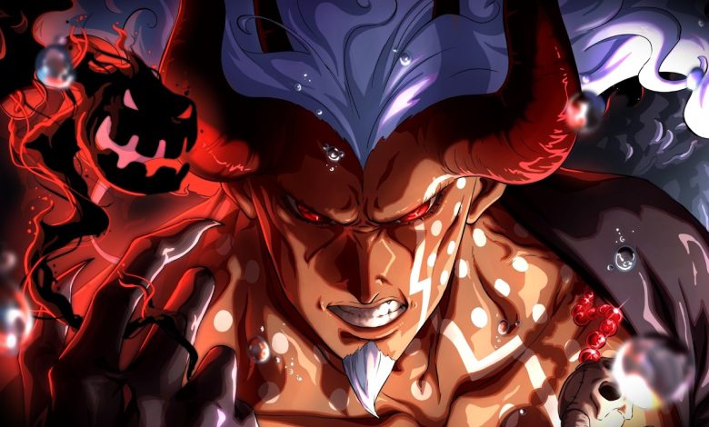 Imu sous sa forme démoniaque face à Luffy, Loki et Hajrudin dans One Piece chapitre 1191